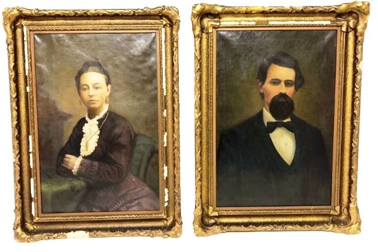 Antique Pair MC Haywood Signed Oil on Canvas Portraits "Mother" & "Father" with Period Gesso Frames
