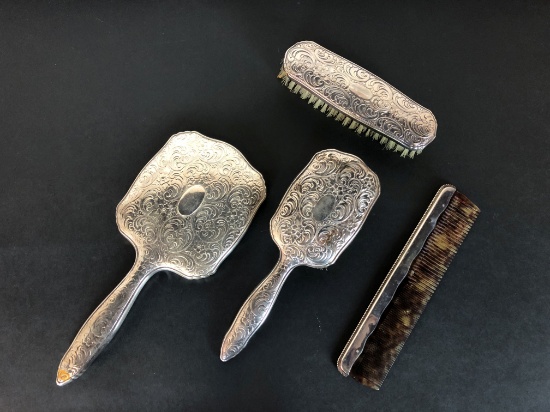 4 Pc. Silver Vanity Set with Mirror, Brushes, & Comb, .800 Silver & Sterling