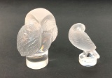 Pair of French Lalique Crystal Birds, Owl & Dove Bird Sculptures