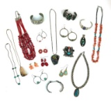 Lot of Sterling Silver, Turquoise, Coral, & Stone Native American Jewelry