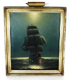 Beautiful Antique Oil on Canvas of a Ship at Sail in the Moonlight Signed