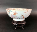 Antique Hand Painted Asian Japanese Bowl W/Wood Stand