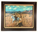 Fantastic Vintage Figural Indian and Hunter Horse Chase Oil on Canvas by Artist Albert Michini