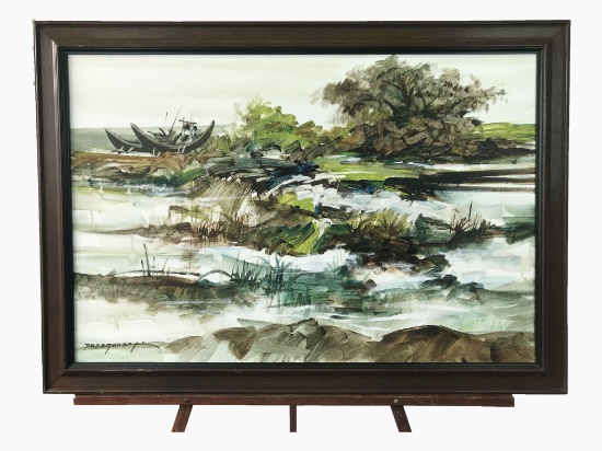 Original Oil on Canvas by Listed Artist Paco Gorospe Oil on Canvas Boat and Landscape Painting