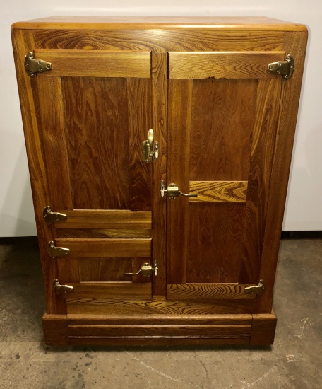 Antique Oak Ice Box Chest Refrigerator with 3 Doors