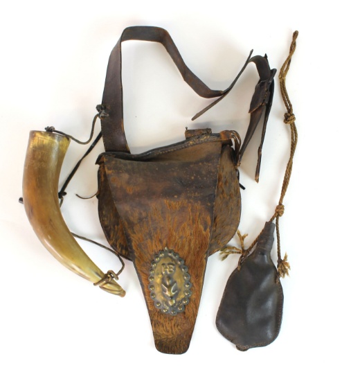 Antique HB Hudson Bay Leather Animal Skin Pouch with Engraved Powder Horn and Leather Pouch
