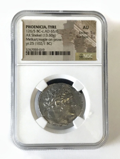 NGC Graded Ancient Coin, Phoenicia, Tyre, 126/5 BC-c.AD 65/6, Graded AU