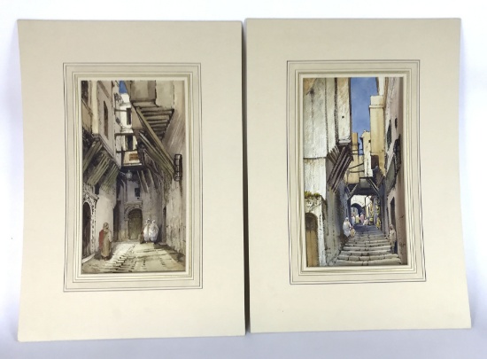 Lot of Two Original Watercolors by Listed Artist Gabriel Carilli (1821-1900) "Algers"