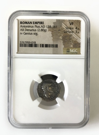 NGC Graded Ancient Coin, Roman Empire, Antoninus Pius, AD 138-161, Graded VF