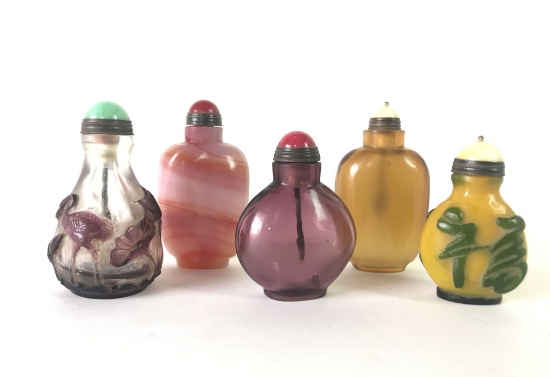 Collection of 5 Antique Oriental Asian Glass and Stone Snuff Bottles
