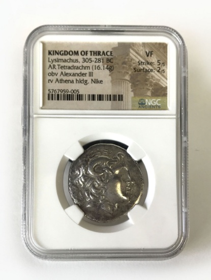 NGC Graded Ancient Coin, Kingdom of Thrace, Lysimachus, 305-281 BC, Graded VF