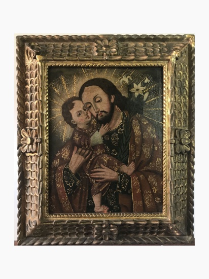 Antique Circa 19th Century Iconic Religious Christ and Child Oil on Canvas Painting with Frame