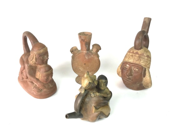 Set of 4 Pre-Columbian Style Ceramic Clay Figural Water Vessels and Sculptures