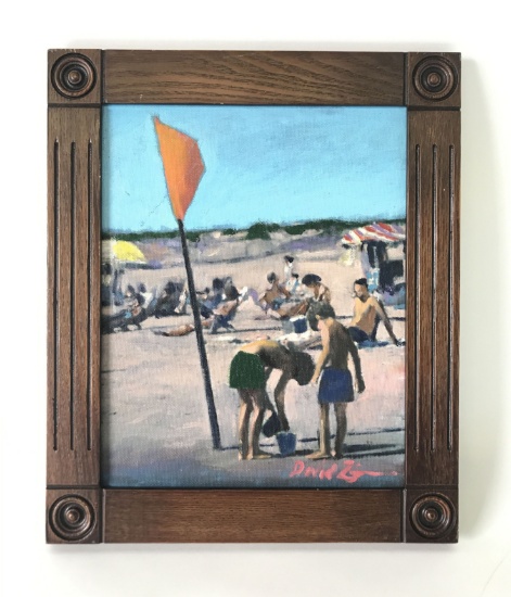 Listed Artist David Zimmerman, "The Red Flag; Green Shorts" Oil on Board Painting