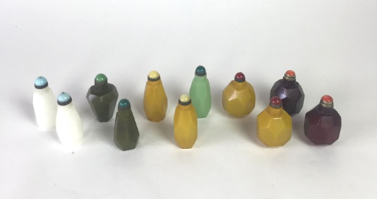 Collection of 11 Antique Oriental Asian Carved Stone and Glass Snuff Bottles