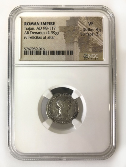 NGC Graded Ancient Coin, Roman Empire, Trajan, AD 98-117 Graded VF