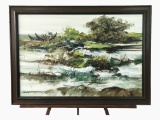 Original Oil on Canvas by Listed Artist Paco Gorospe Oil on Canvas Boat and Landscape Painting