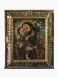 Antique Circa 19th Century Iconic Religious Christ and Child Oil on Canvas Painting with Frame