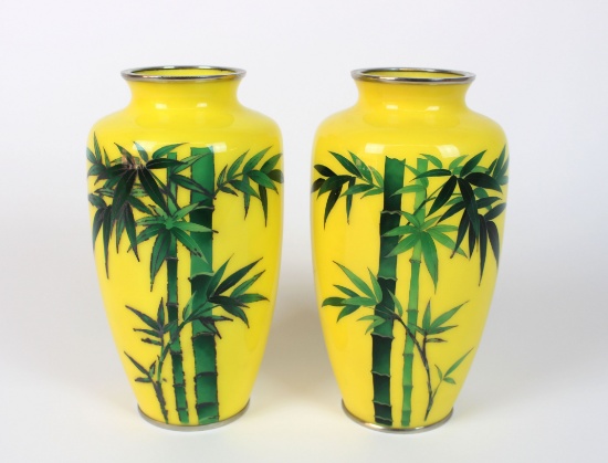 Pair of Vintage Asian Enamel Yellow Vases with Bamboo Design