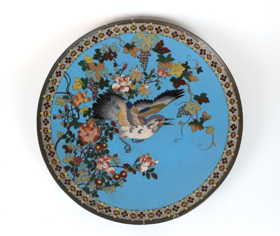 Vintage Asian Cloisonne Enamel Decorative Charger Plate with Bird