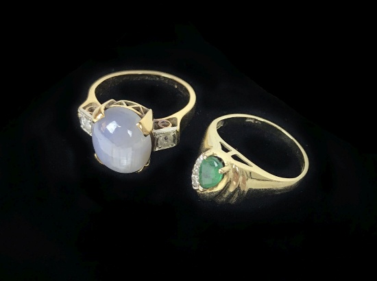 14KT Yellow Gold Ring with Diamonds & Oval Moonstone and 10KT Yellow Gold Emerald & Diamond Ring