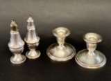 Sterling Silver Salt & Peppers Shakers with a Pair of Candlesticks