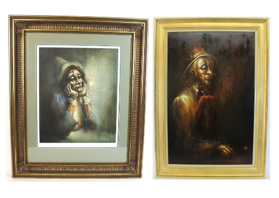 Pair of Framed Art by Listed French Artist Armand Lourenco, Clown Oil on Canvas & Print