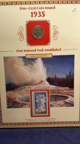 1935 Buffalo Nickel w/1972 Old Faithful, Yellowstone 8cent Stamp