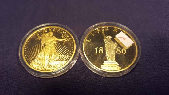 2—Gold Plated Rounds-1886 Liberty & Copy of 1933 Liberty