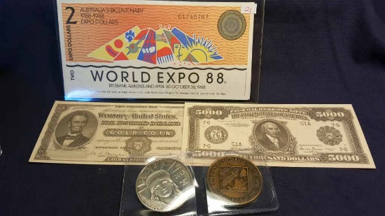 1988 World Expo UNC $2 & $5 Bills, 2 tokens & 2 Copies of $500, $5000
