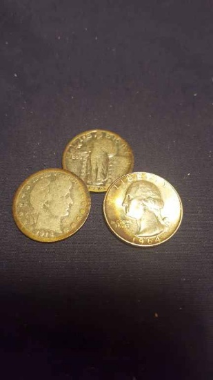 3—Quarters 1929-S, 1914 & 1964 Cleaned