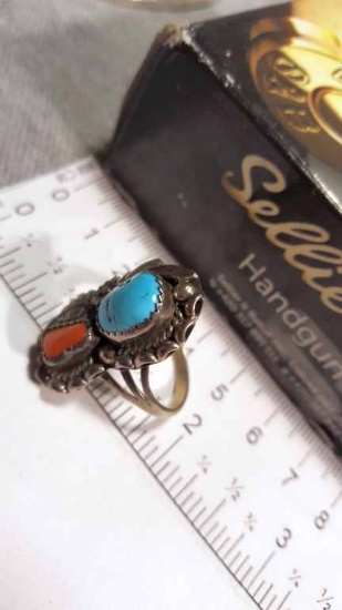Sterling Silver Coral and Turquoise Ring