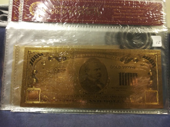 99.98 Pure 24k Gold Select $50/$500/$1000/$5000/$10,000 Banknote w/ C of A