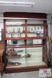 Antique jewelry store wall to floor display cabinet w/ mirror back and sliding glass doors