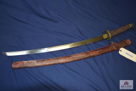 Samurai Sword with leather sheath 25" Blade 10" Handle 29 1/2 Sheath Marked 10377