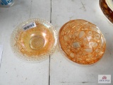 2 Carnival glass bowls (one open rose pattern)