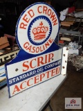 Red Crown Gasoline, Scrip, 2 sided porcelain flange sign