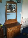 Solid Oak Wash Stand with Mirror & Towel Bar