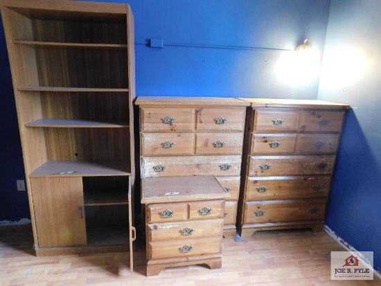 2 pine tall chest, 1 pine night stand, tall bookcase