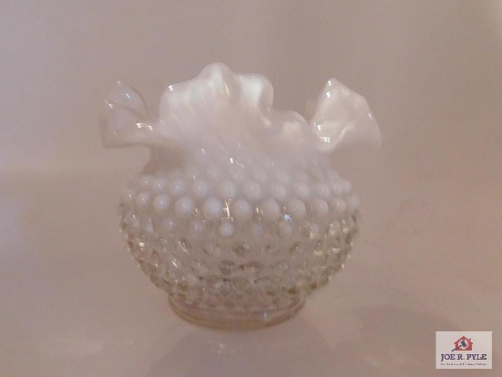 French opalescent bowl with ruffled top. Hobnail design