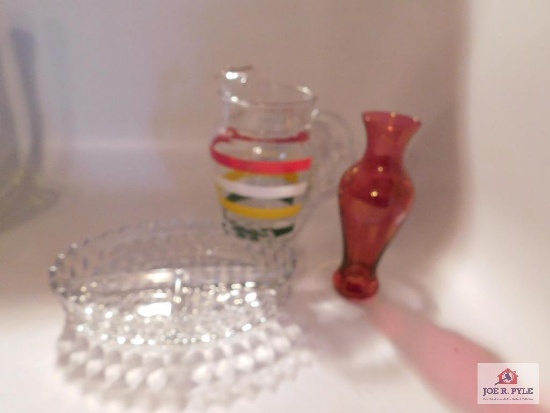 1950 style red and white pitcher with yellow stripes( small chip in lid)red vase with flower etching