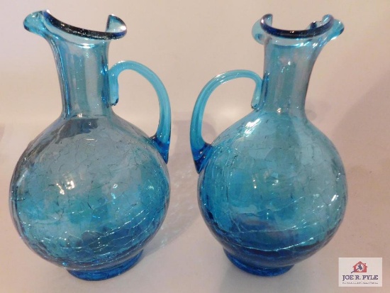 " Salem glass" quality hand crafted blue crackle glass with handle 7 12 inches tall