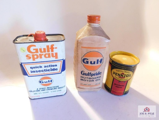 3 Advertising items (1) Gulf 1QT outboard motor oil (1) gulf-spray 1qt (1) Pennzoil 1lb