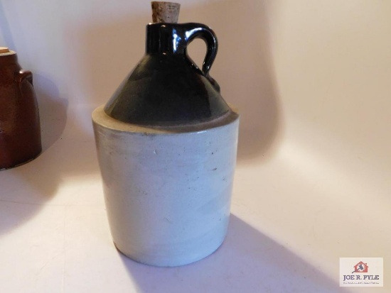 Brown and White Stone Jug with handle & cork