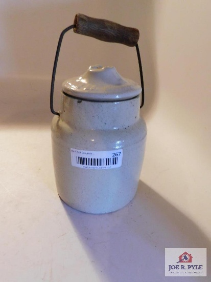 White Stone Jar with Wire Handle and Stone Lid Writing on Lid