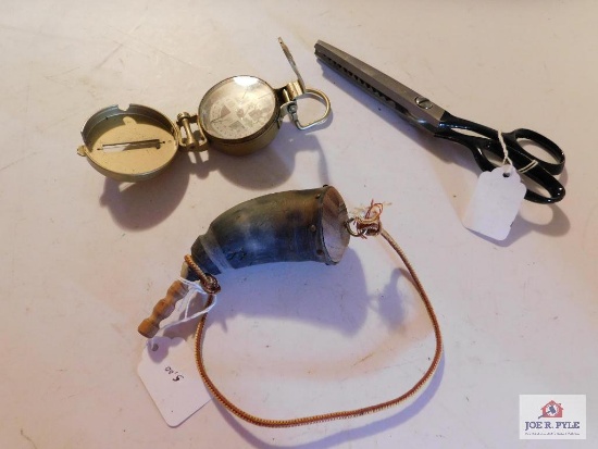 Small Powder Horn, Scissor and Lensatic Compass Liquid Filled