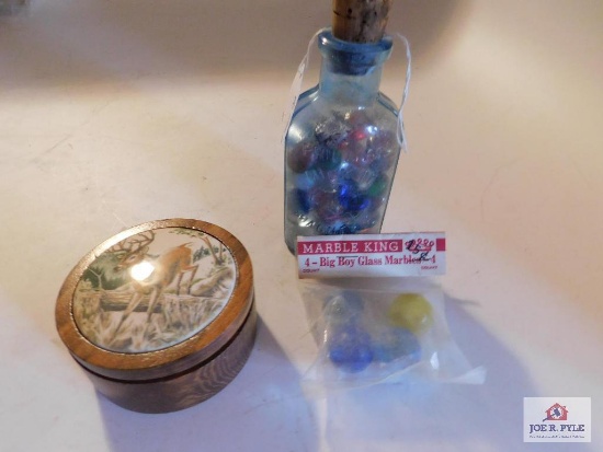 3pc Marbles - 4 Marble King USA, 1 Bottle Phillips 1906 with Marbles, Wood Round Box with Buck with