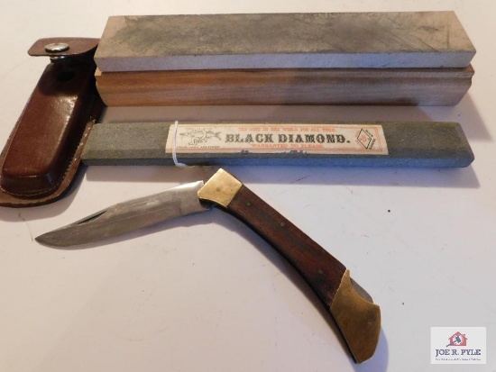 (1) Black Diamond USA Pike's 1879 (1) Soft Arkansas Stone On Wood (1) Knife and Case Not Signed