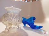 Fenton shoe with cat on front, blue in color 3 leg bowl clear bottom with design smoky top