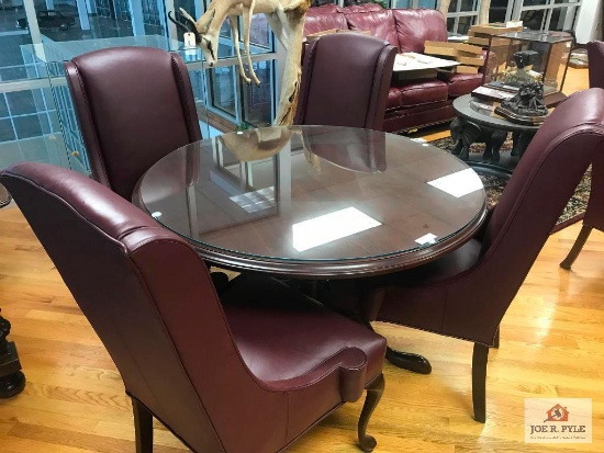 Harden- Round, Cherry Table w/ Glass topper and 4 Cherry Leather Chairs